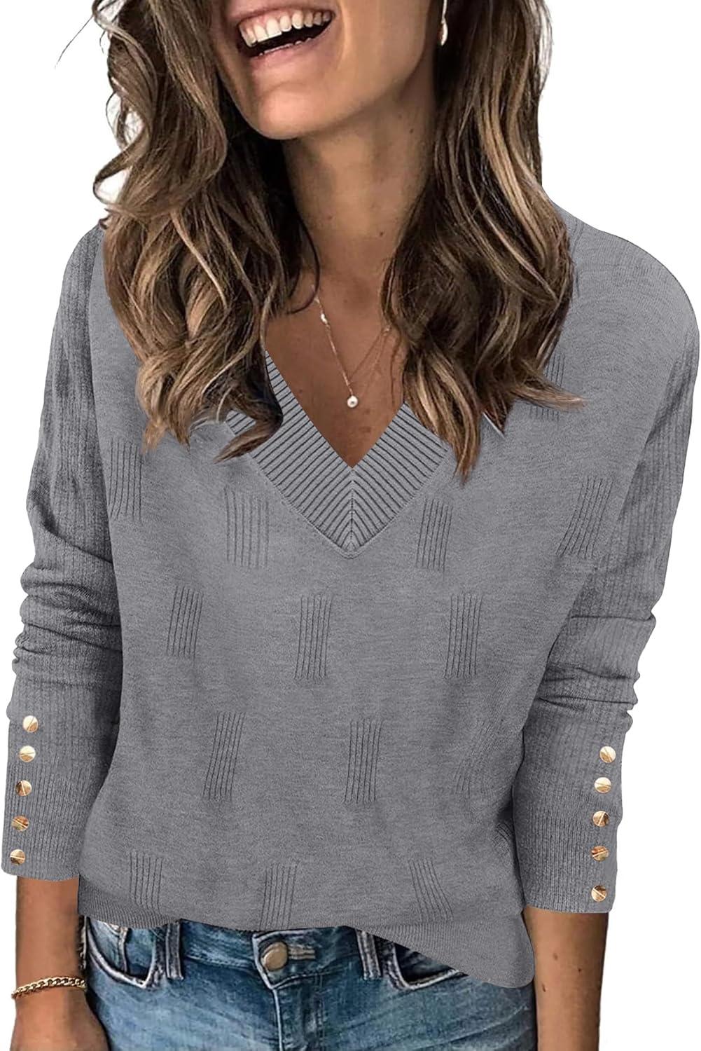imageZeagoo Womens V Neck Sweaters Shirts Long Sleeve Lightweight Ribbed Knit Pullover Sweater Blouse Tops with Buttons OufitsGray