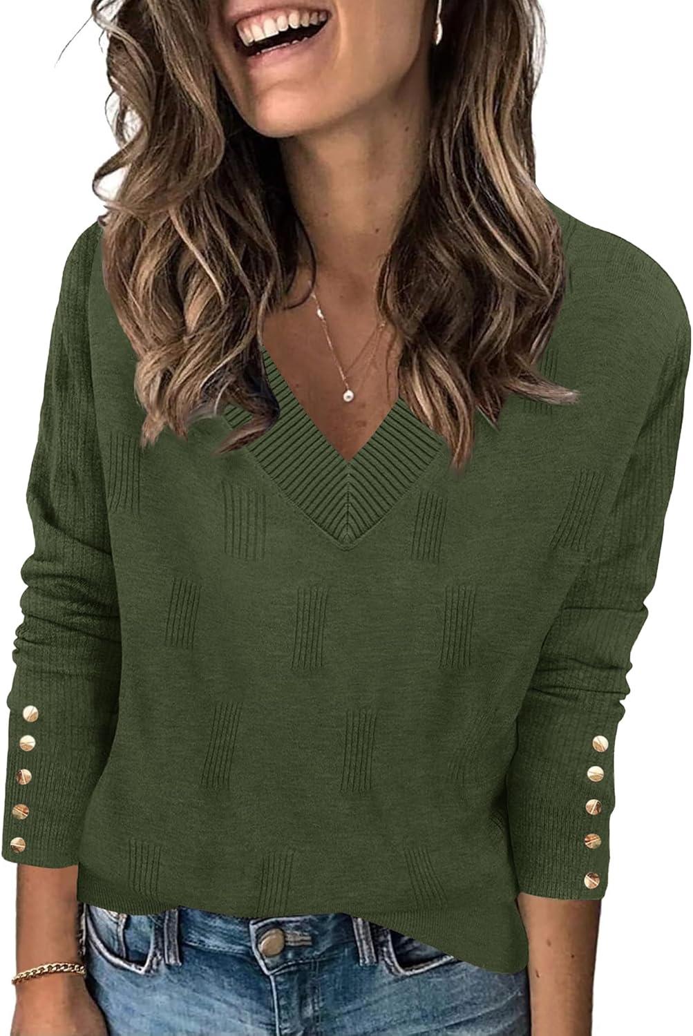 imageZeagoo Womens V Neck Sweaters Shirts Long Sleeve Lightweight Ribbed Knit Pullover Sweater Blouse Tops with Buttons OufitsGreen