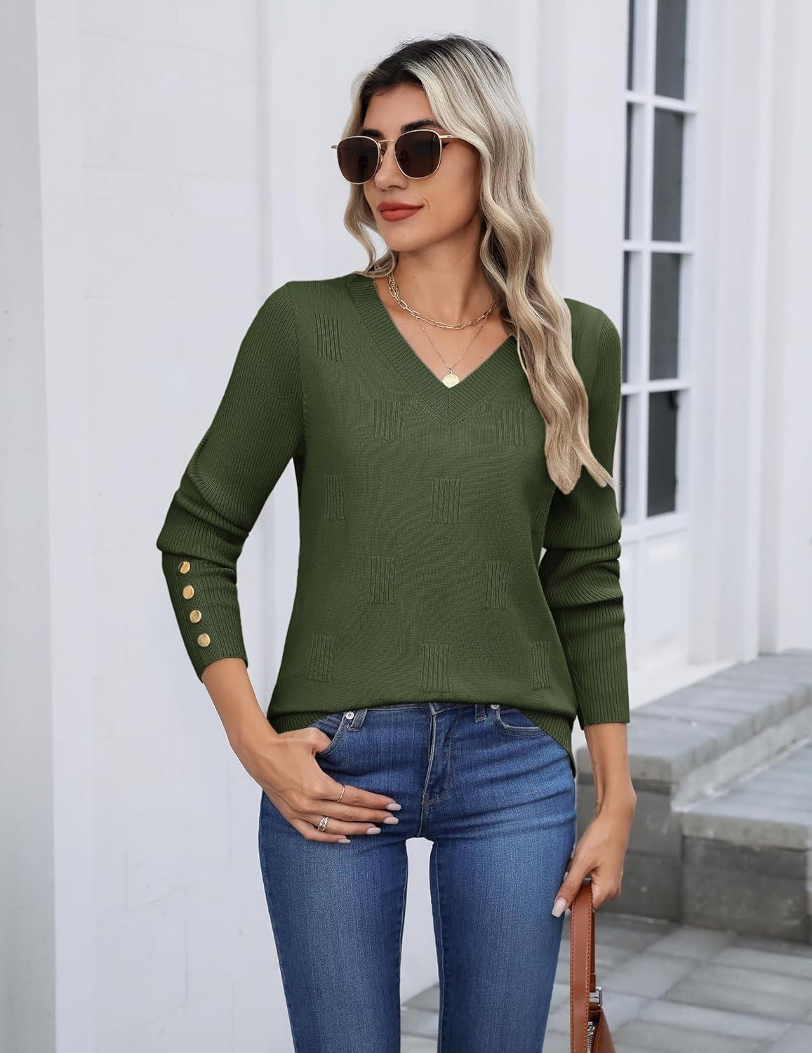 imageZeagoo Womens V Neck Sweaters Shirts Long Sleeve Lightweight Ribbed Knit Pullover Sweater Blouse Tops with Buttons OufitsGreen