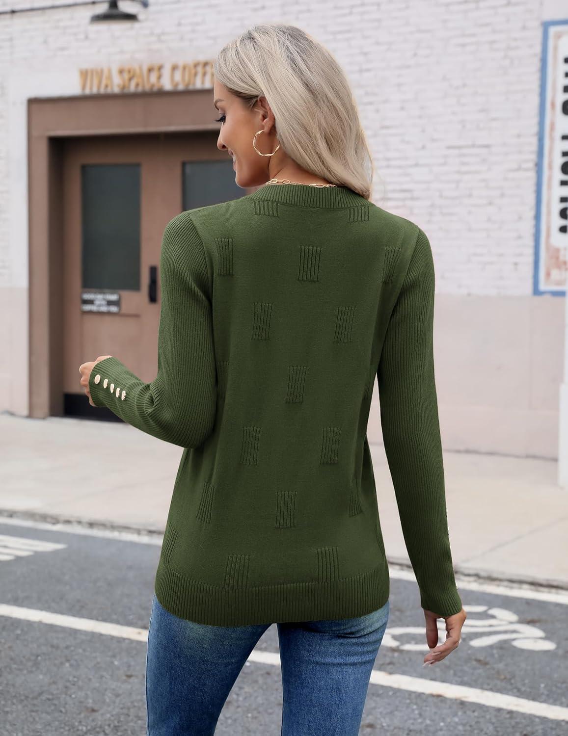 imageZeagoo Womens V Neck Sweaters Shirts Long Sleeve Lightweight Ribbed Knit Pullover Sweater Blouse Tops with Buttons OufitsGreen