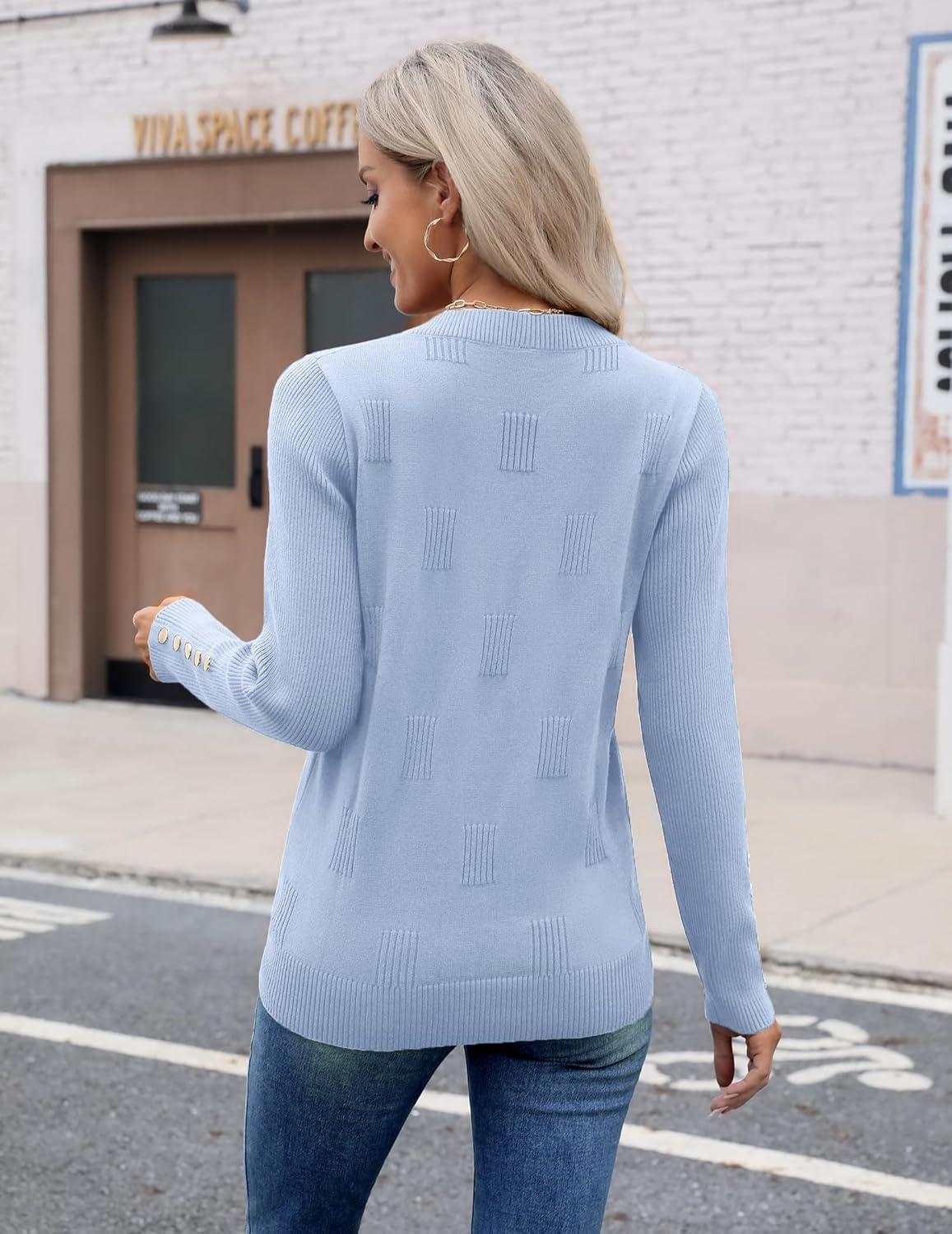 imageZeagoo Womens V Neck Sweaters Shirts Long Sleeve Lightweight Ribbed Knit Pullover Sweater Blouse Tops with Buttons OufitsLight Blue