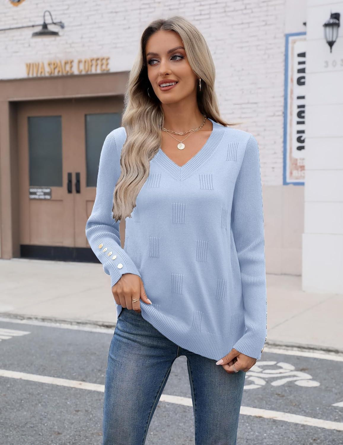 imageZeagoo Womens V Neck Sweaters Shirts Long Sleeve Lightweight Ribbed Knit Pullover Sweater Blouse Tops with Buttons OufitsLight Blue