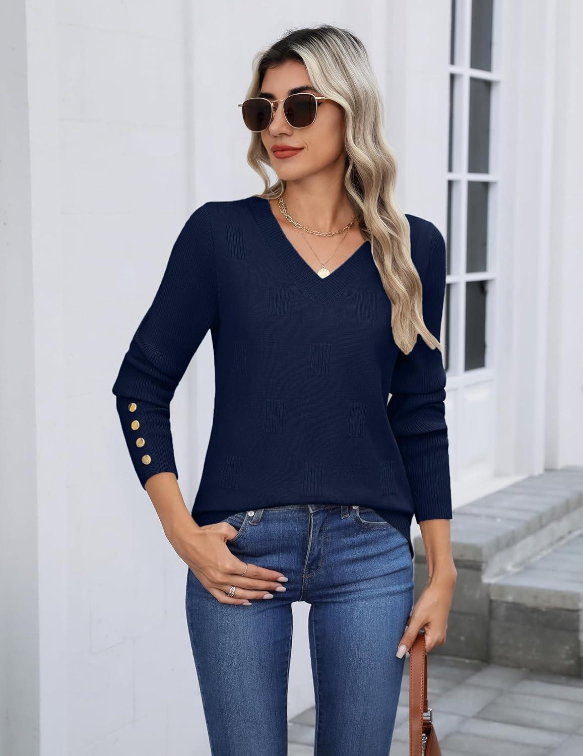 imageZeagoo Womens V Neck Sweaters Shirts Long Sleeve Lightweight Ribbed Knit Pullover Sweater Blouse Tops with Buttons OufitsNavy Blue