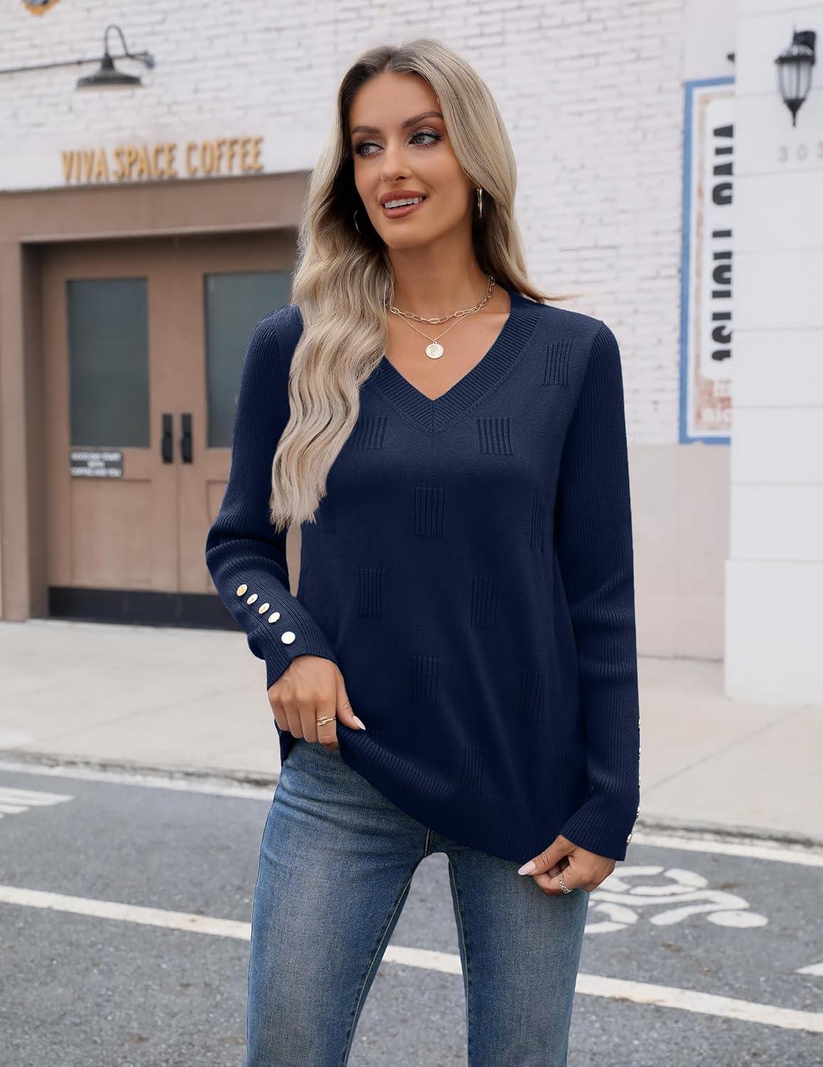 imageZeagoo Womens V Neck Sweaters Shirts Long Sleeve Lightweight Ribbed Knit Pullover Sweater Blouse Tops with Buttons OufitsNavy Blue