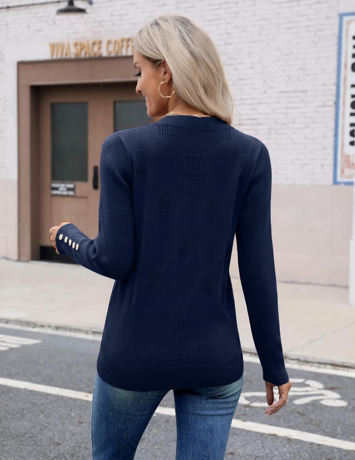 imageZeagoo Womens V Neck Sweaters Shirts Long Sleeve Lightweight Ribbed Knit Pullover Sweater Blouse Tops with Buttons OufitsNavy Blue