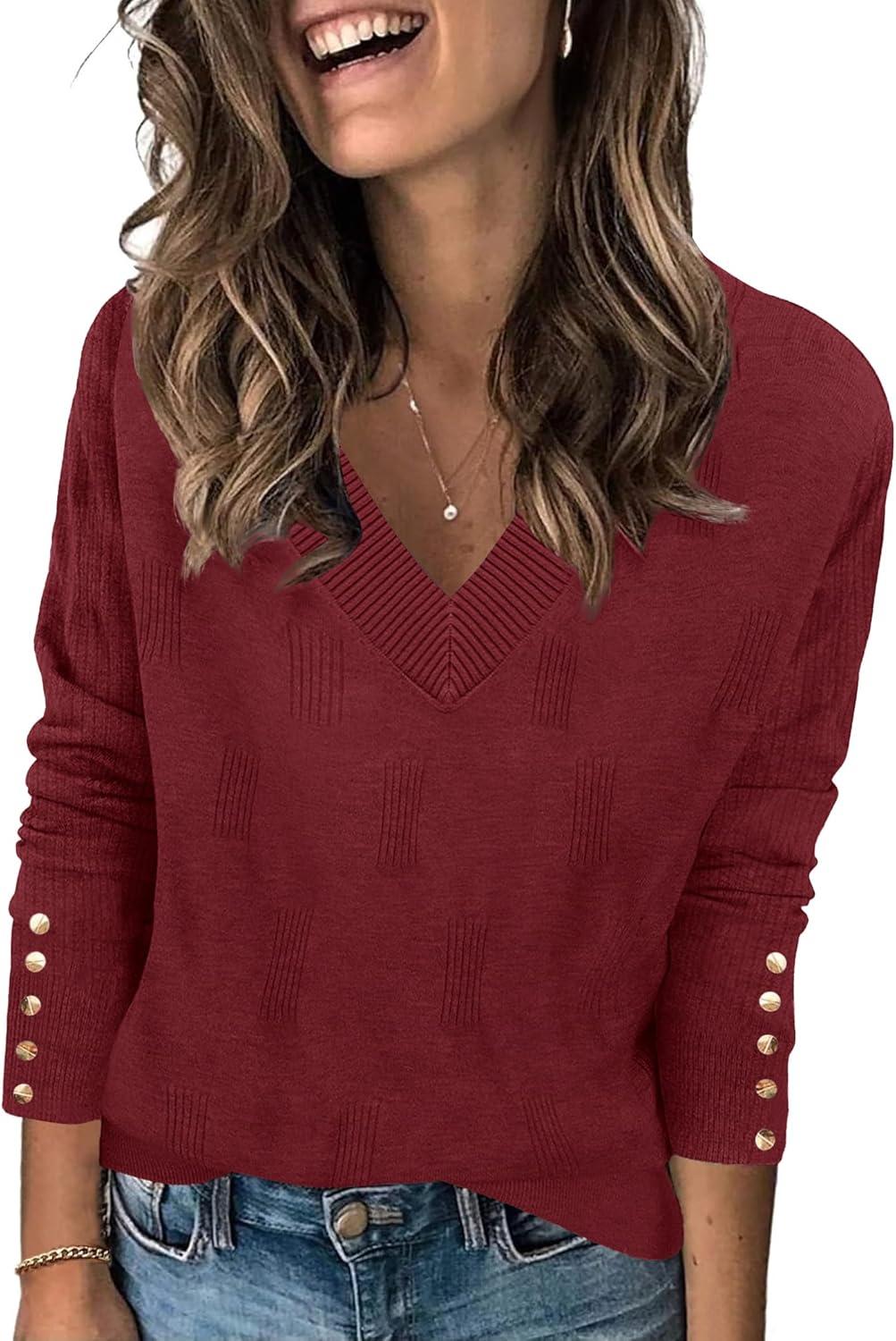 imageZeagoo Womens V Neck Sweaters Shirts Long Sleeve Lightweight Ribbed Knit Pullover Sweater Blouse Tops with Buttons OufitsRed