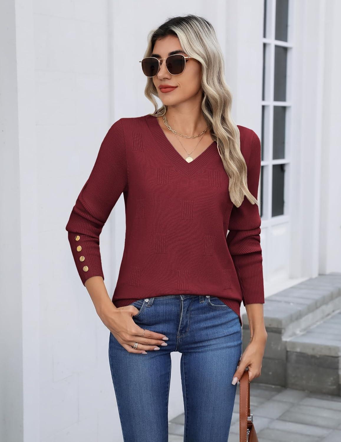 imageZeagoo Womens V Neck Sweaters Shirts Long Sleeve Lightweight Ribbed Knit Pullover Sweater Blouse Tops with Buttons OufitsRed