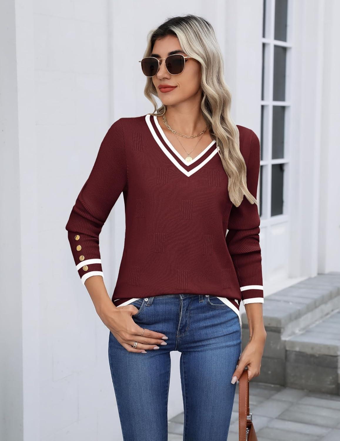 imageZeagoo Womens V Neck Sweaters Shirts Long Sleeve Lightweight Ribbed Knit Pullover Sweater Blouse Tops with Buttons OufitsRedwhite