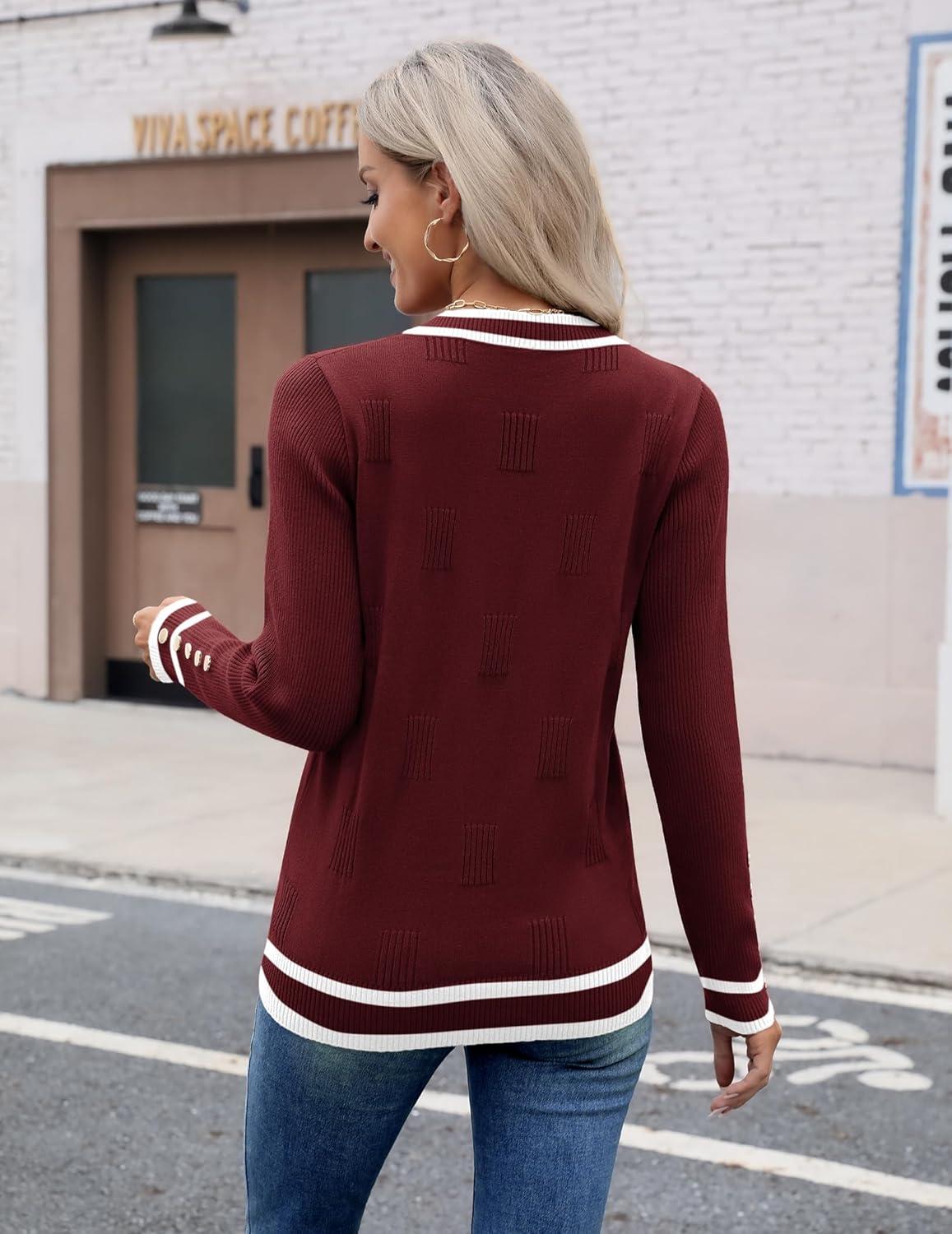 imageZeagoo Womens V Neck Sweaters Shirts Long Sleeve Lightweight Ribbed Knit Pullover Sweater Blouse Tops with Buttons OufitsRedwhite