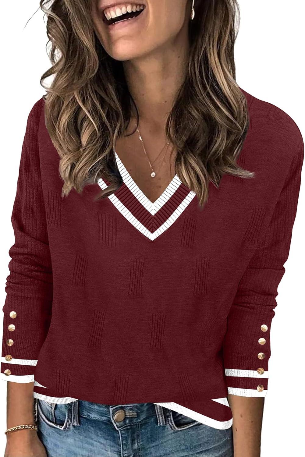 imageZeagoo Womens V Neck Sweaters Shirts Long Sleeve Lightweight Ribbed Knit Pullover Sweater Blouse Tops with Buttons OufitsRedwhite