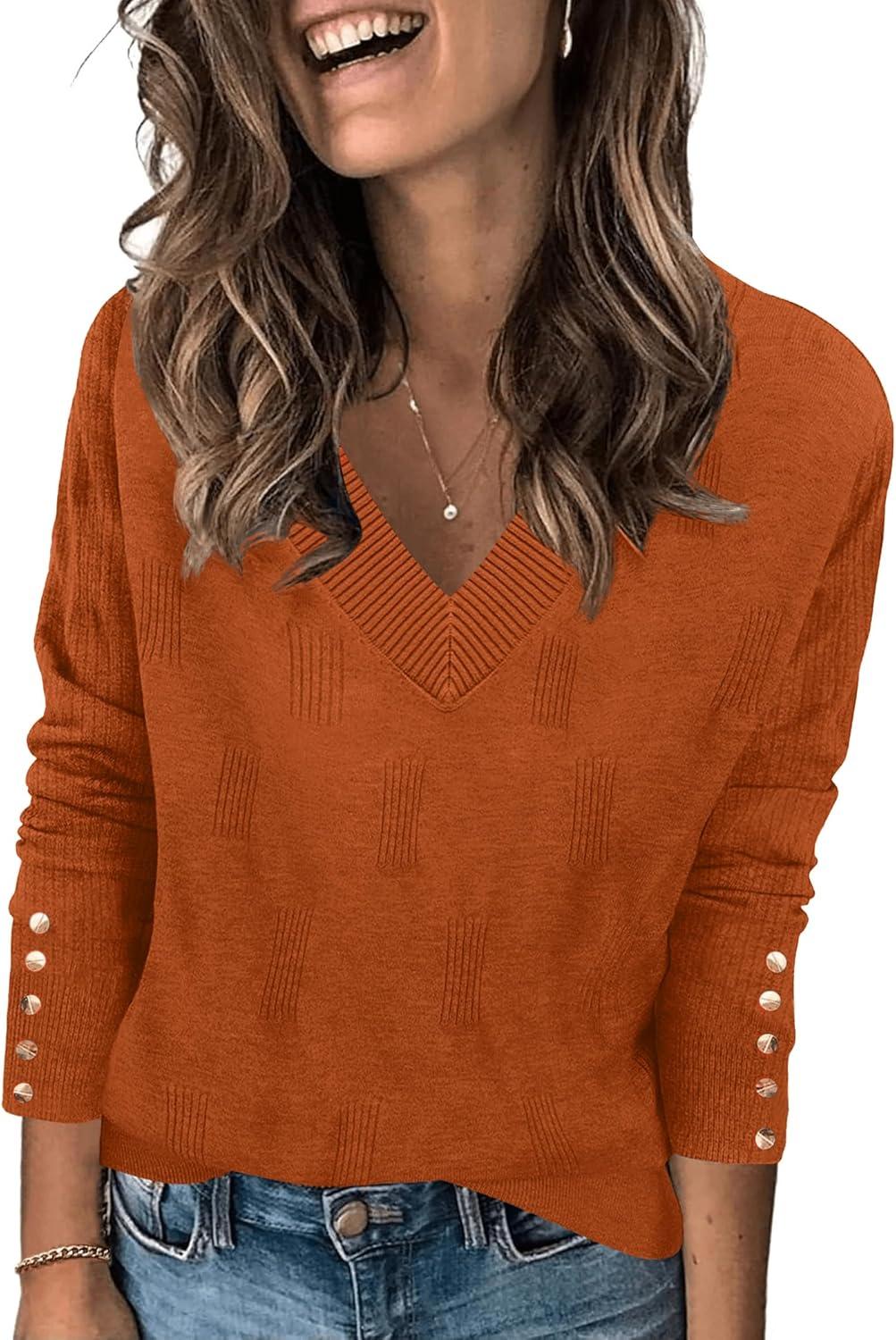 imageZeagoo Womens V Neck Sweaters Shirts Long Sleeve Lightweight Ribbed Knit Pullover Sweater Blouse Tops with Buttons OufitsRust