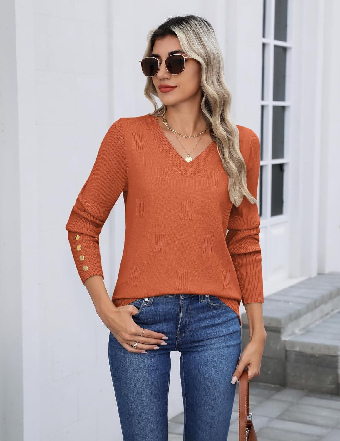 imageZeagoo Womens V Neck Sweaters Shirts Long Sleeve Lightweight Ribbed Knit Pullover Sweater Blouse Tops with Buttons OufitsRust