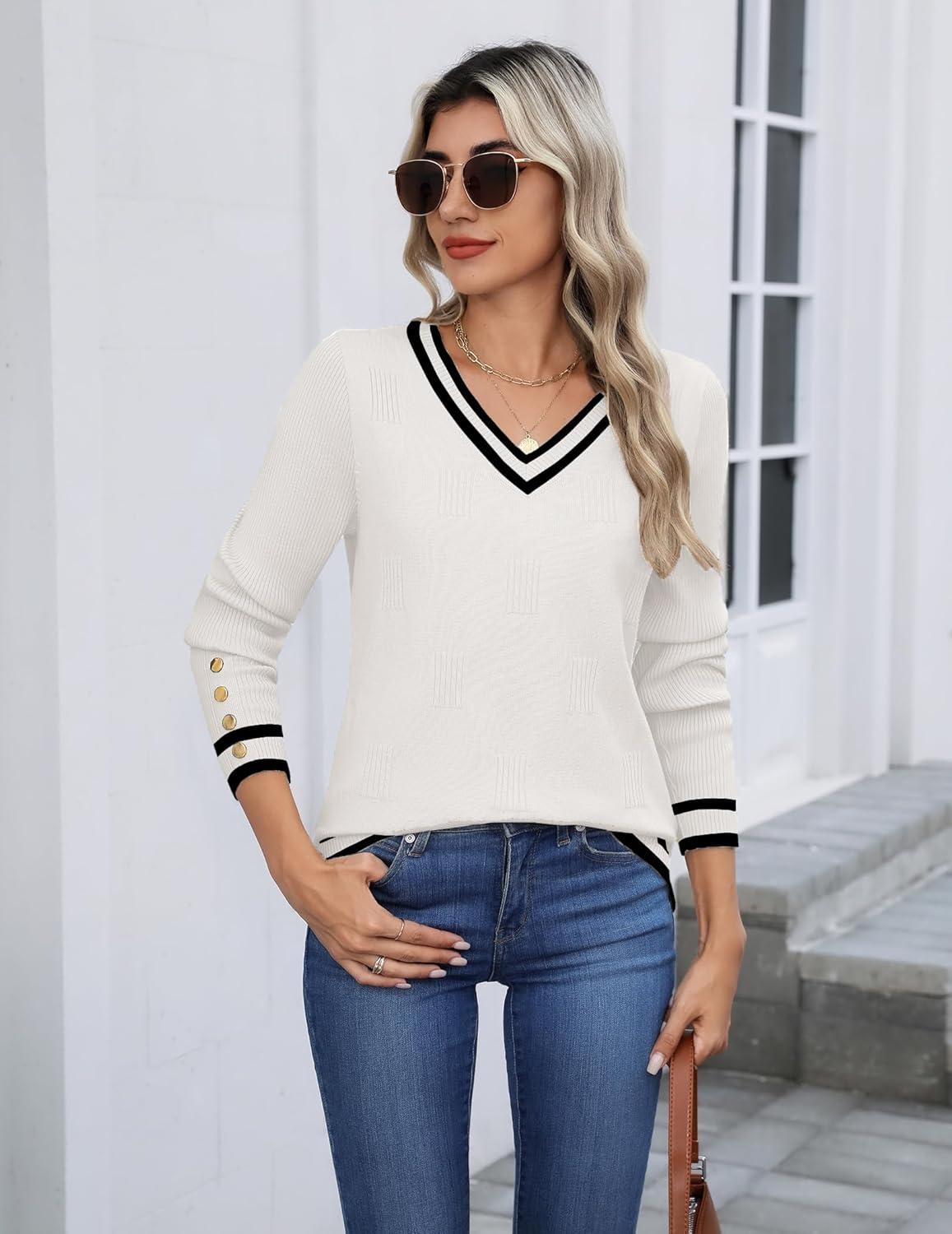 imageZeagoo Womens V Neck Sweaters Shirts Long Sleeve Lightweight Ribbed Knit Pullover Sweater Blouse Tops with Buttons OufitsWhiteblack