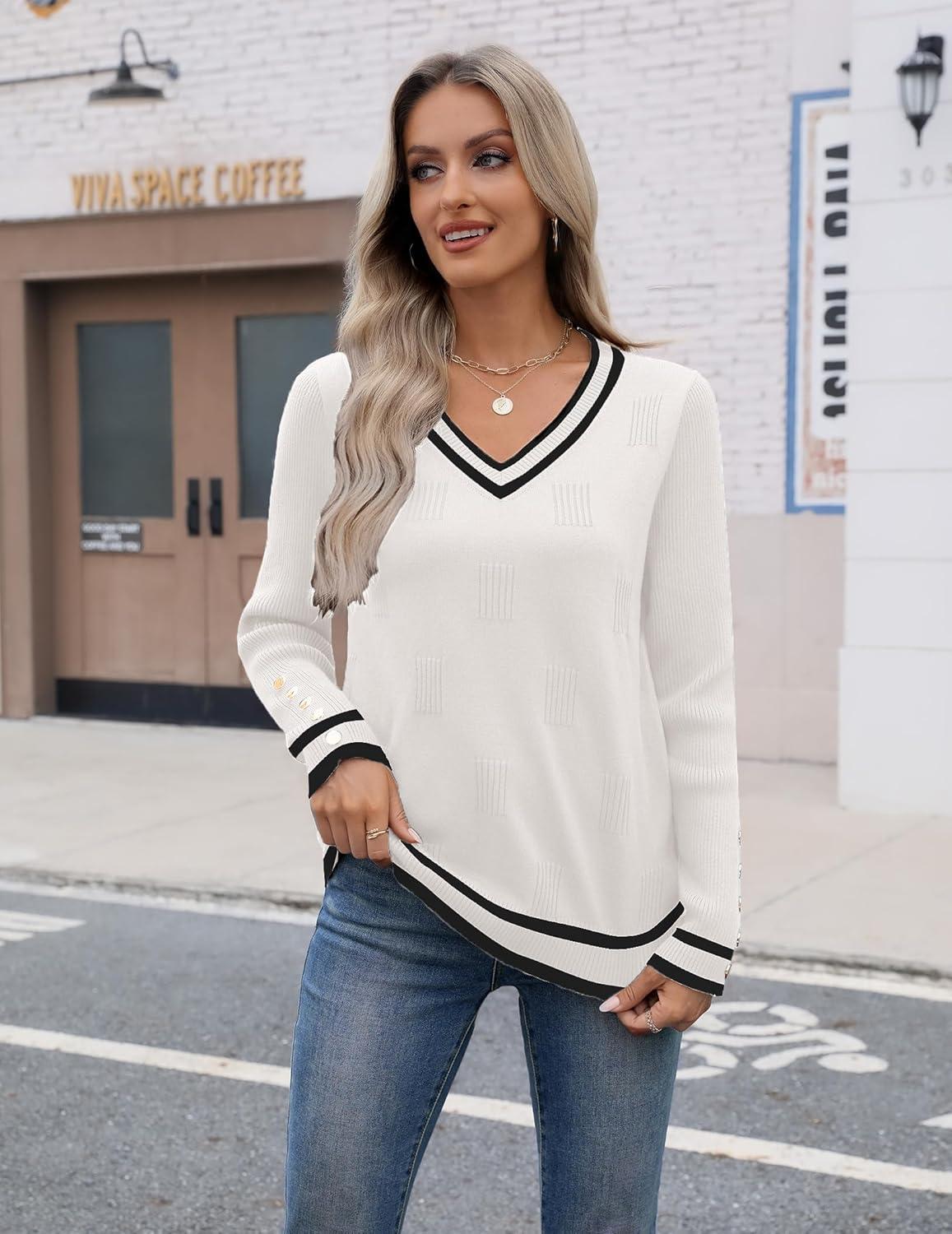 imageZeagoo Womens V Neck Sweaters Shirts Long Sleeve Lightweight Ribbed Knit Pullover Sweater Blouse Tops with Buttons OufitsWhiteblack