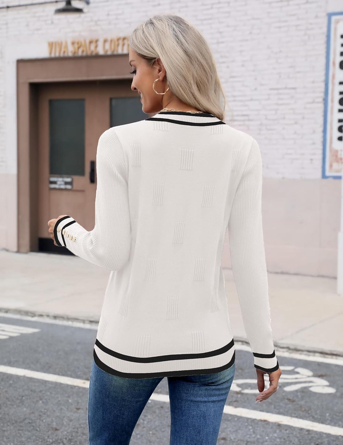 imageZeagoo Womens V Neck Sweaters Shirts Long Sleeve Lightweight Ribbed Knit Pullover Sweater Blouse Tops with Buttons OufitsWhiteblack