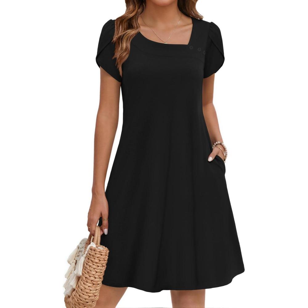 imageZEAGOO Summer Dresses for Women 2026 Sundress Short Petal Sleeve Dress with Pockets Floral Dresses for CasualBlack