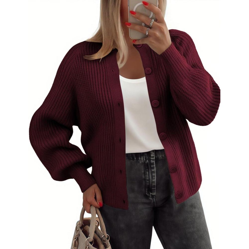 imageZeagoo 2026 Cardigan Sweaters for Women Long Sleeve Chunky Knit Cardigan CEW Neck Button Down Fall Fashion ClothesDark Red
