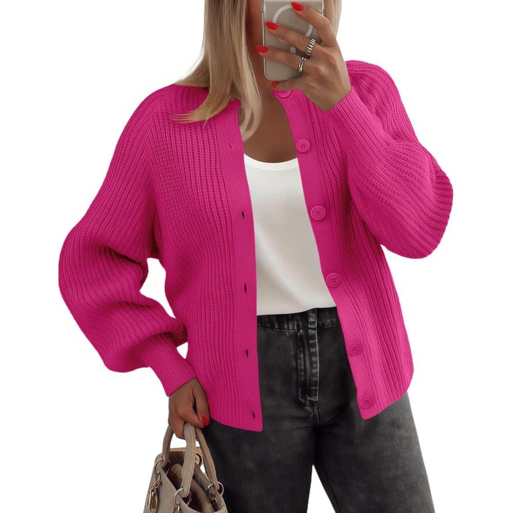 imageZeagoo 2026 Cardigan Sweaters for Women Long Sleeve Chunky Knit Cardigan CEW Neck Button Down Fall Fashion ClothesRose Red
