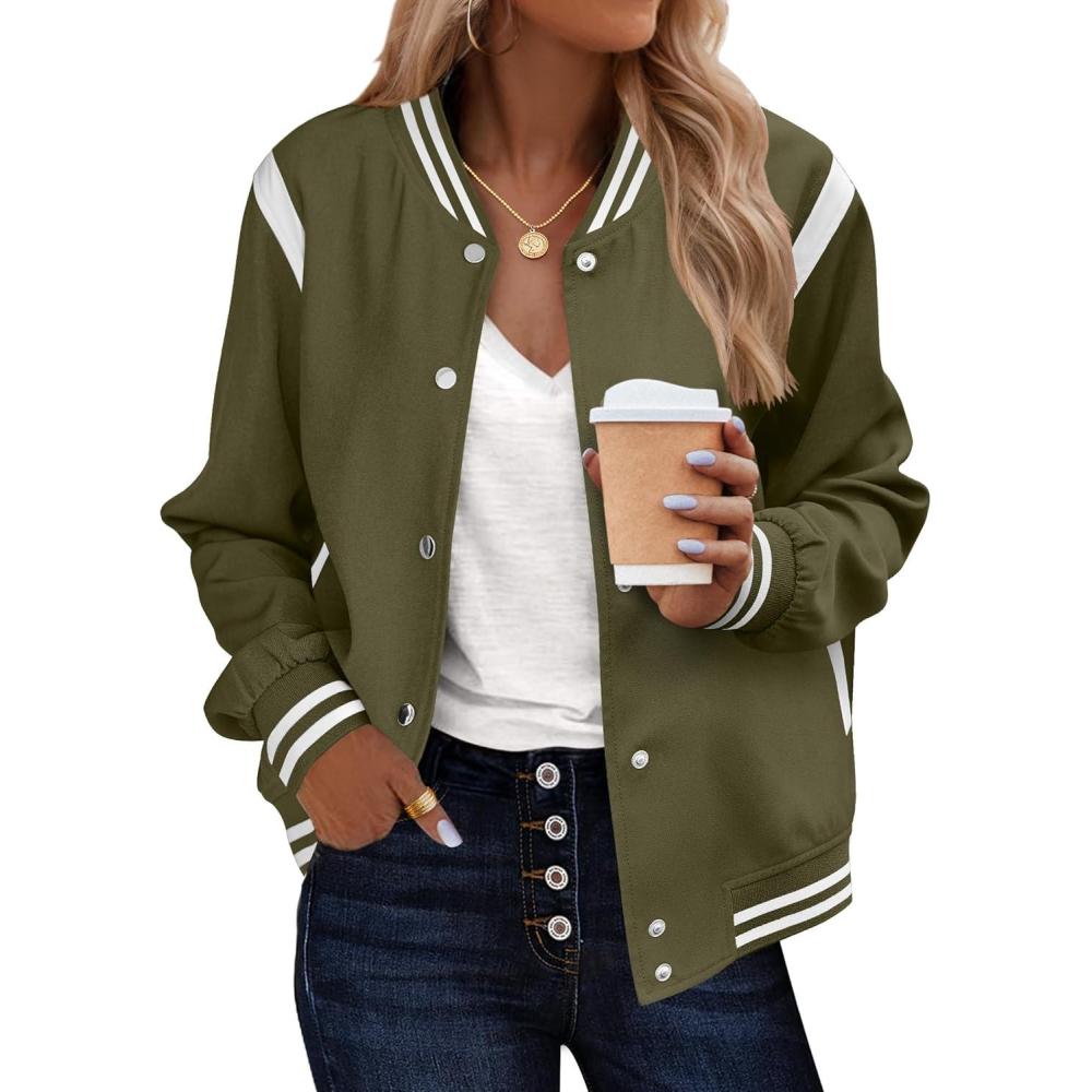 imageZeagoo Bomber Jacket Women Varsity Casual Button Down Lightweight 2026 Spring Fashion Short School Outfits with PocketsArmy Green