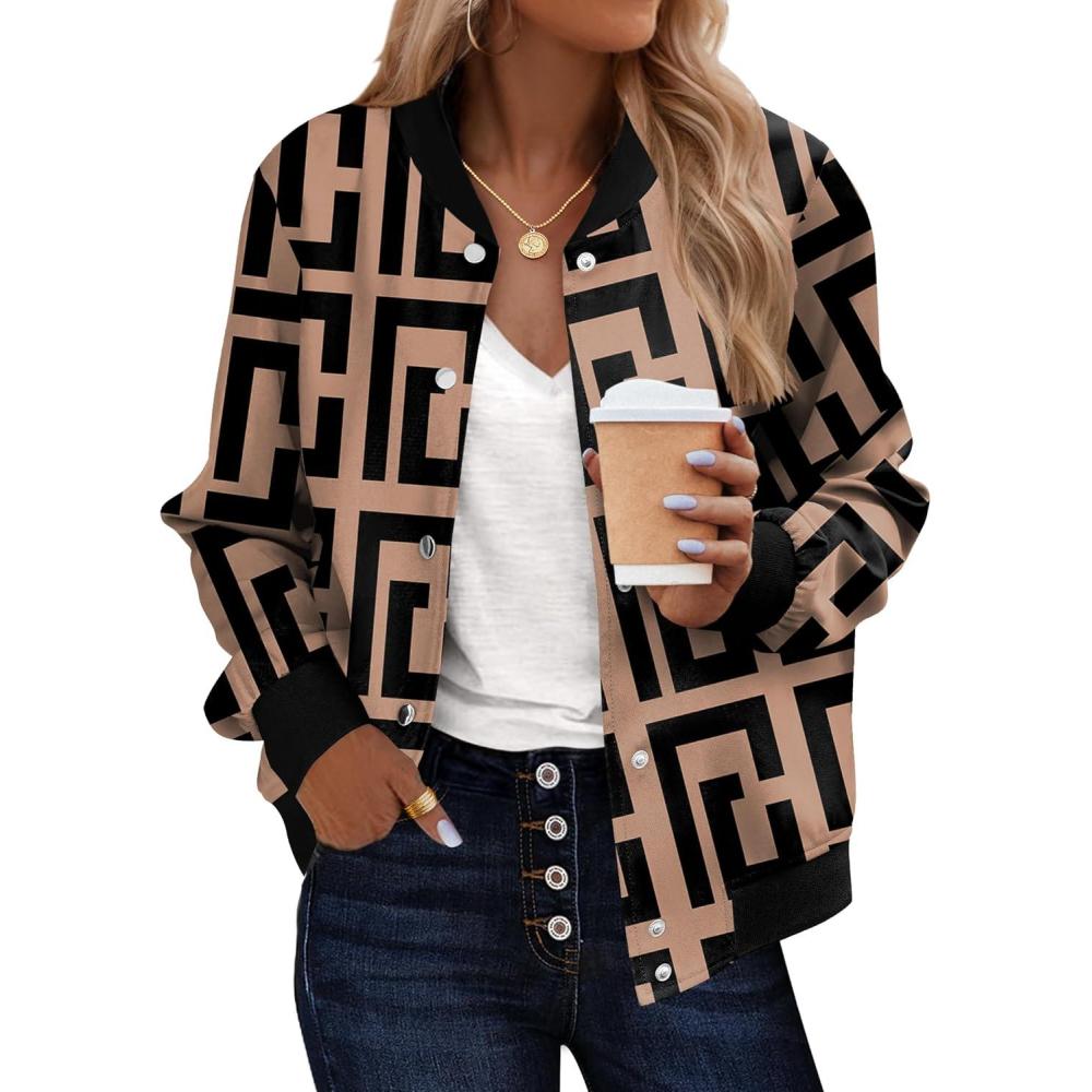 imageZeagoo Bomber Jacket Women Varsity Casual Button Down Lightweight 2026 Spring Fashion Short School Outfits with PocketsGeometric