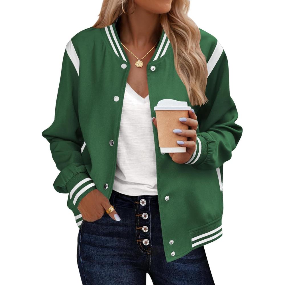 imageZeagoo Bomber Jacket Women Varsity Casual Button Down Lightweight 2026 Spring Fashion Short School Outfits with PocketsGreen