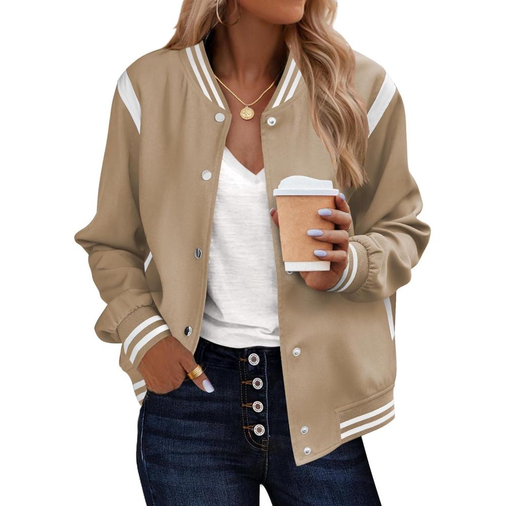 imageZeagoo Bomber Jacket Women Varsity Casual Button Down Lightweight 2026 Spring Fashion Short School Outfits with PocketsKhaki Striped