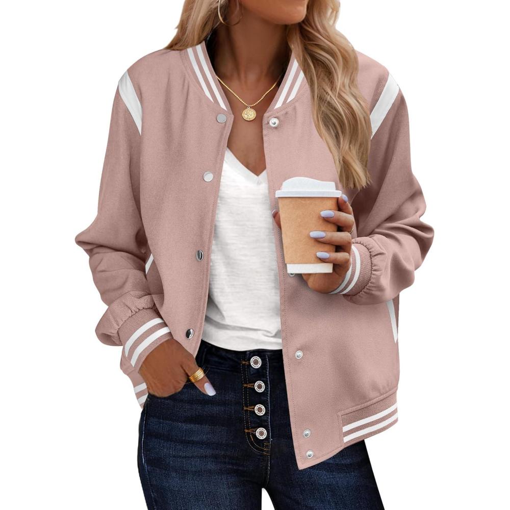 imageZeagoo Bomber Jacket Women Varsity Casual Button Down Lightweight 2026 Spring Fashion Short School Outfits with PocketsPink