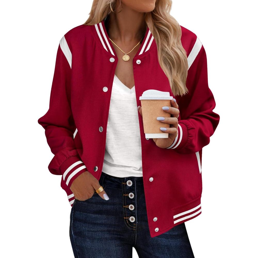 imageZeagoo Bomber Jacket Women Varsity Casual Button Down Lightweight 2026 Spring Fashion Short School Outfits with PocketsRed