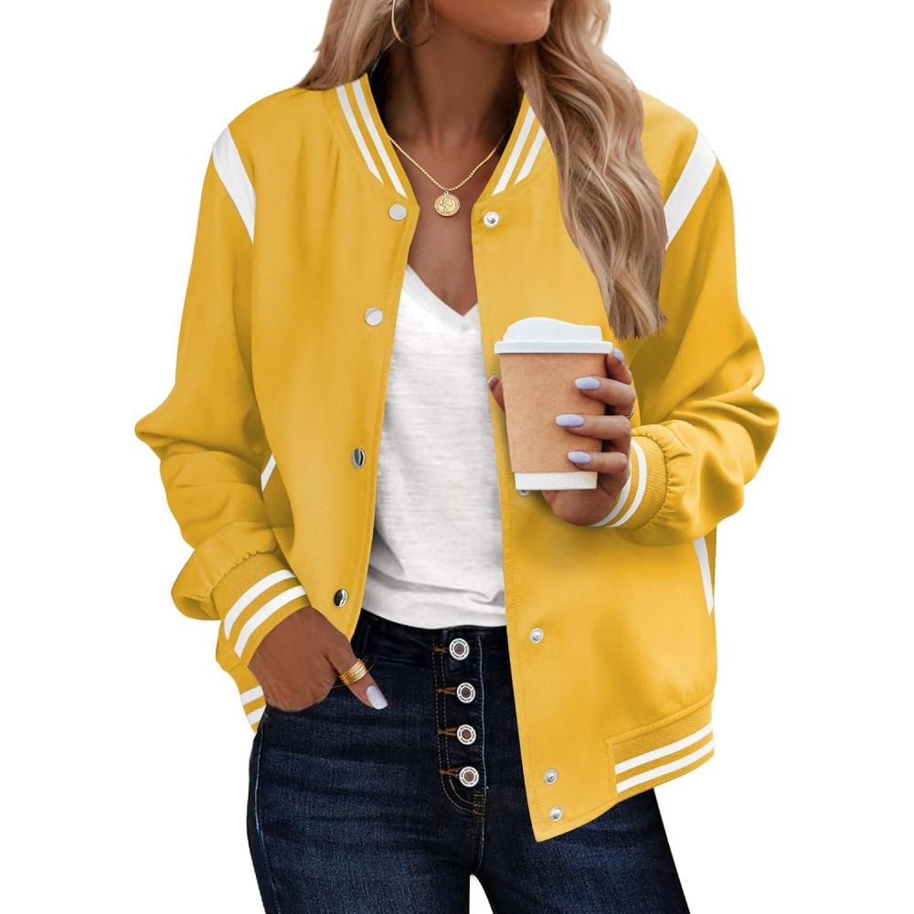 imageZeagoo Bomber Jacket Women Varsity Casual Button Down Lightweight 2026 Spring Fashion Short School Outfits with PocketsYellow