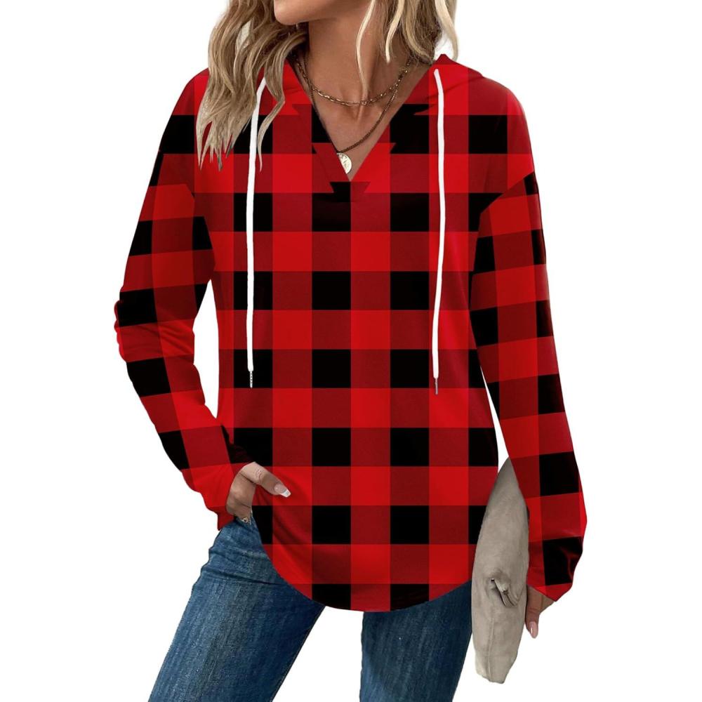 imageZeagoo Hoodies for Women Long Sleeve Drawstring V Neck Pullover Sweatshirts Shirts Loose Casual Fall Tops05red Plaid