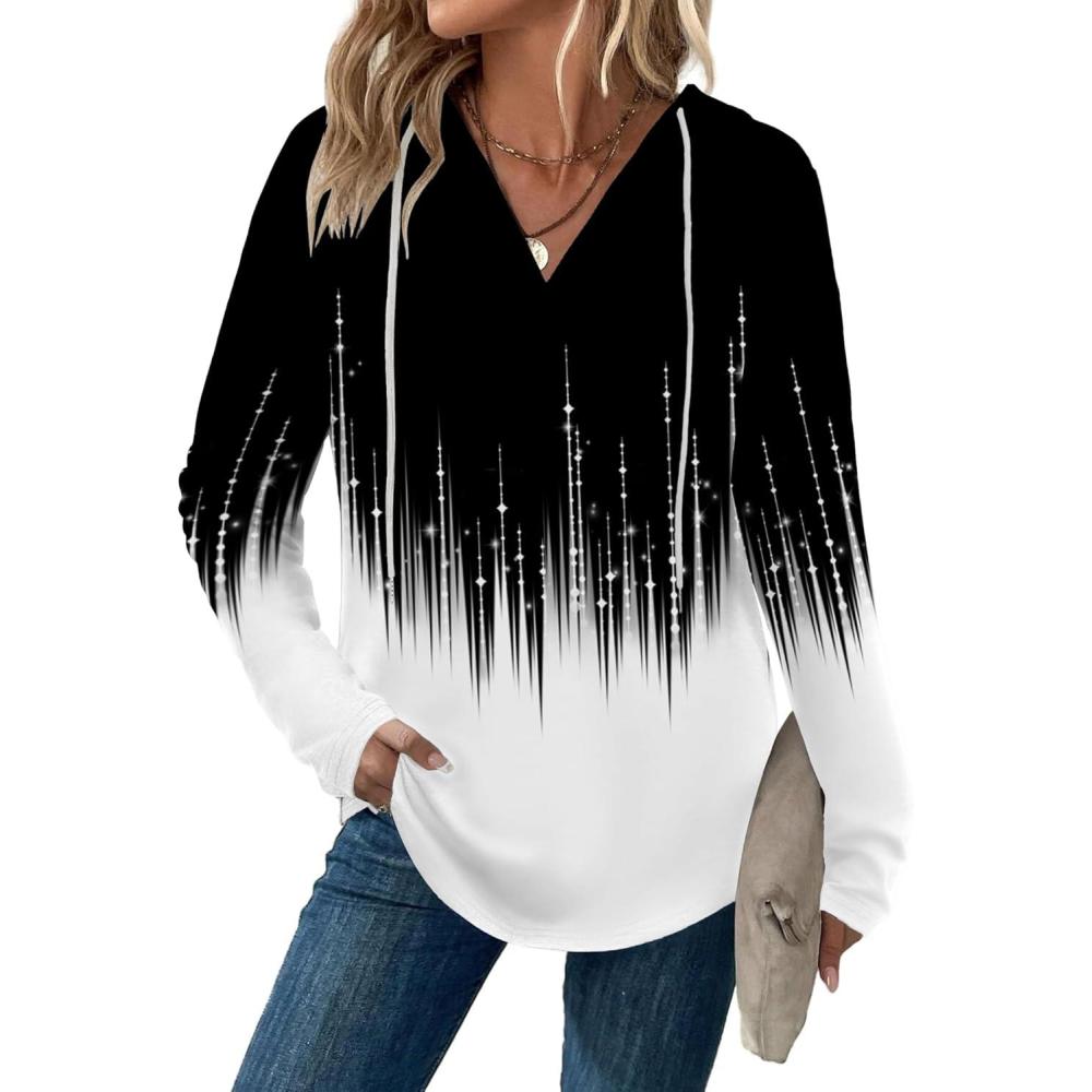 imageZeagoo Hoodies for Women Long Sleeve Drawstring V Neck Pullover Sweatshirts Shirts Loose Casual Fall TopsBlackwhite