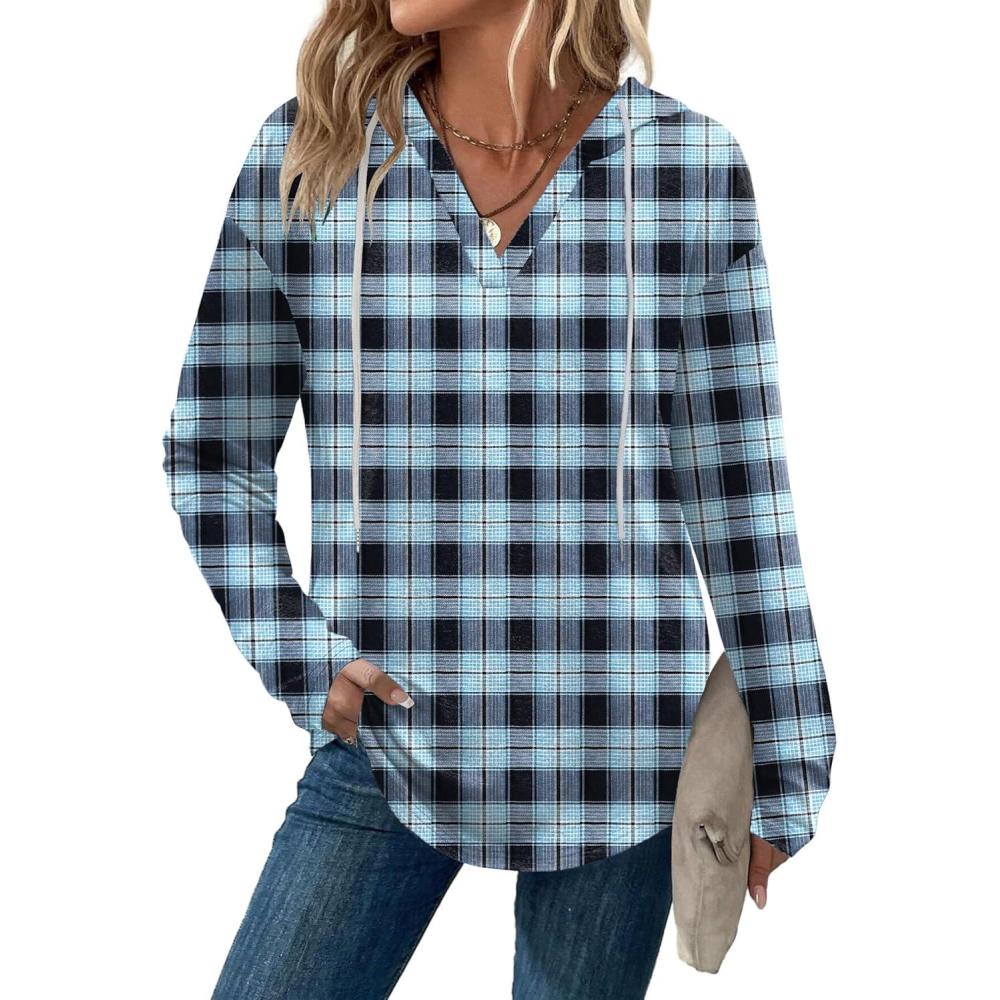 imageZeagoo Hoodies for Women Long Sleeve Drawstring V Neck Pullover Sweatshirts Shirts Loose Casual Fall TopsBlue Plaid