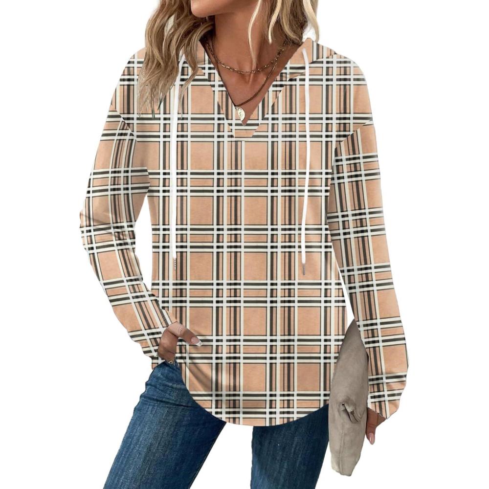 imageZeagoo Hoodies for Women Long Sleeve Drawstring V Neck Pullover Sweatshirts Shirts Loose Casual Fall TopsKhaki Plaid
