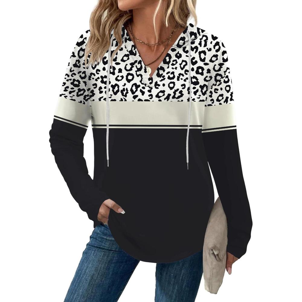imageZeagoo Hoodies for Women Long Sleeve Drawstring V Neck Pullover Sweatshirts Shirts Loose Casual Fall TopsLeopard Black