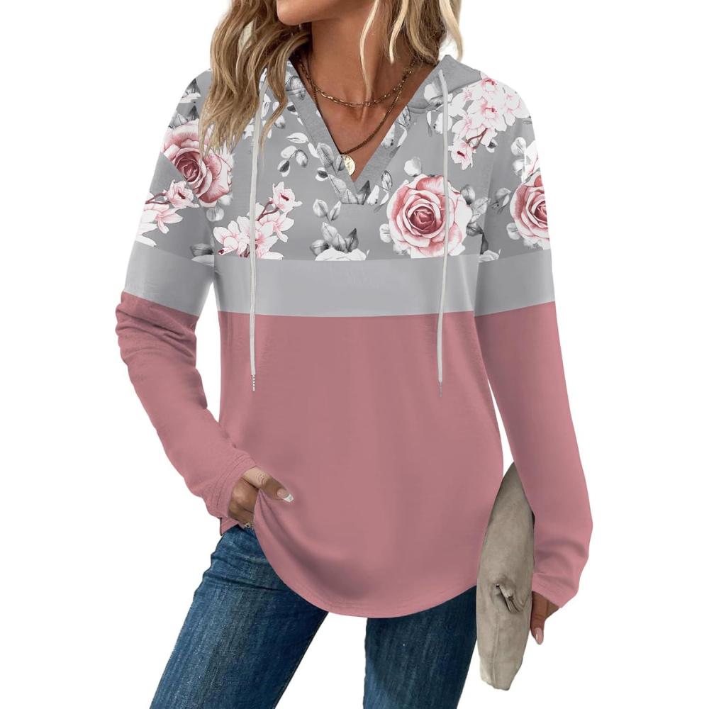 imageZeagoo Hoodies for Women Long Sleeve Drawstring V Neck Pullover Sweatshirts Shirts Loose Casual Fall TopsPeony Pink