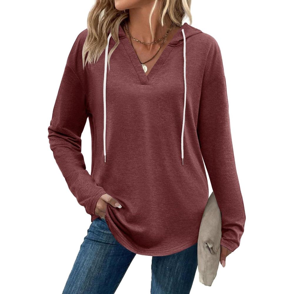 imageZeagoo Hoodies for Women Long Sleeve Drawstring V Neck Pullover Sweatshirts Shirts Loose Casual Fall TopsWine Red