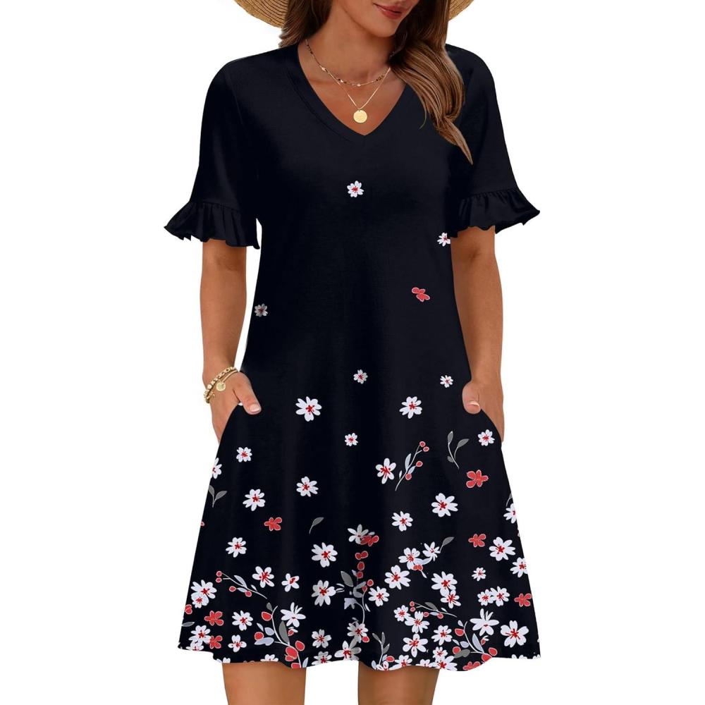 imageZeagoo Summer Casual Dresses for Women A Line Sun Dress Ruffle Short Sleeve V Neck Floral Tshirt Dress with PocketsBlack Floralprinted
