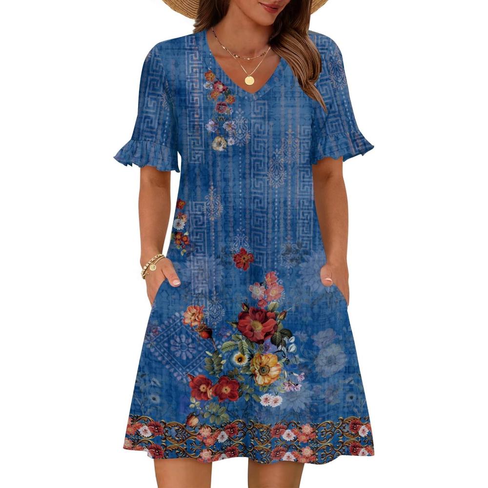 imageZeagoo Summer Casual Dresses for Women A Line Sun Dress Ruffle Short Sleeve V Neck Floral Tshirt Dress with PocketsBlue Floralprinted