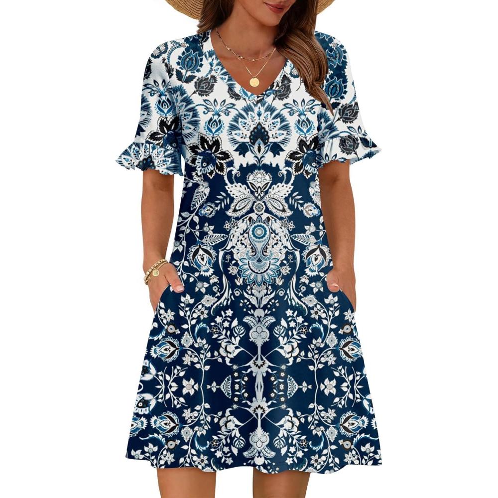 imageZeagoo Summer Casual Dresses for Women A Line Sun Dress Ruffle Short Sleeve V Neck Floral Tshirt Dress with PocketsBohoprinted