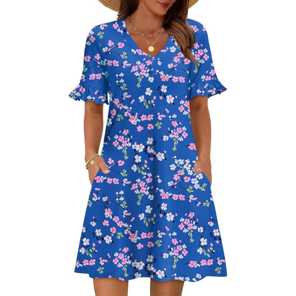 imageZeagoo Summer Casual Dresses for Women A Line Sun Dress Ruffle Short Sleeve V Neck Floral Tshirt Dress with PocketsFloral Print