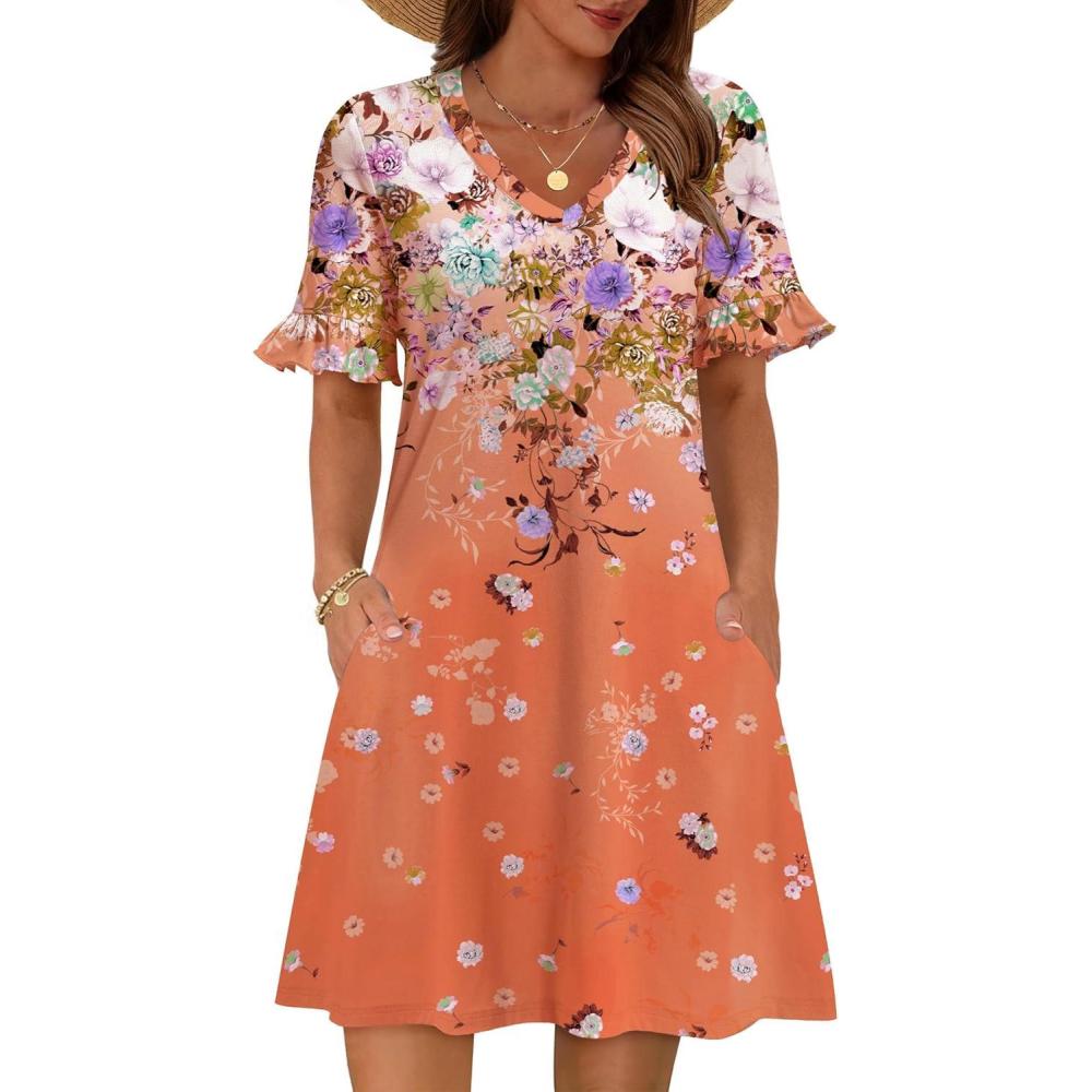 imageZeagoo Summer Casual Dresses for Women A Line Sun Dress Ruffle Short Sleeve V Neck Floral Tshirt Dress with PocketsFloral Printed1