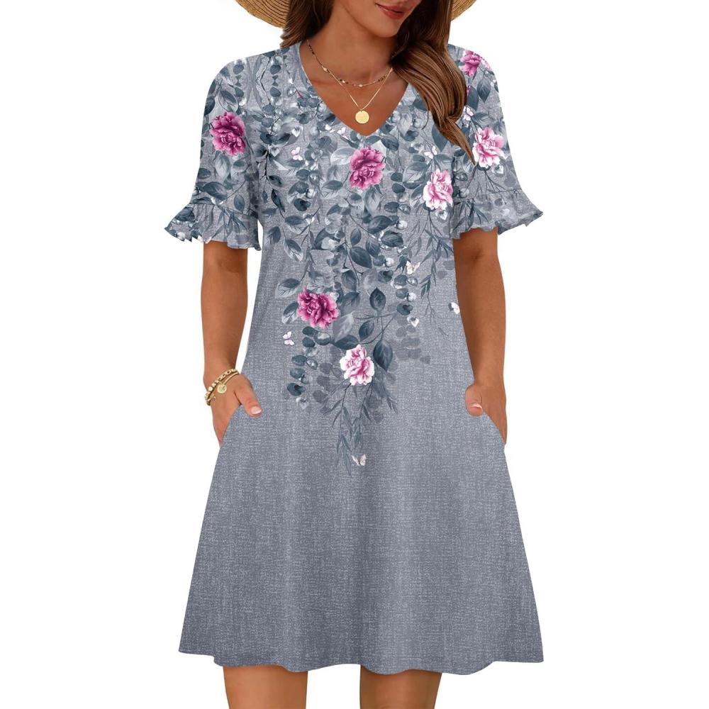 imageZeagoo Summer Casual Dresses for Women A Line Sun Dress Ruffle Short Sleeve V Neck Floral Tshirt Dress with PocketsGrey Red Floral
