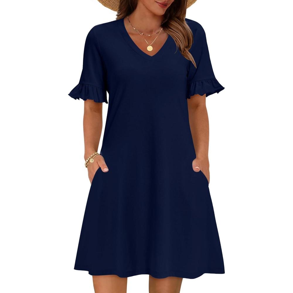 imageZeagoo Summer Casual Dresses for Women A Line Sun Dress Ruffle Short Sleeve V Neck Floral Tshirt Dress with PocketsNavy Blue
