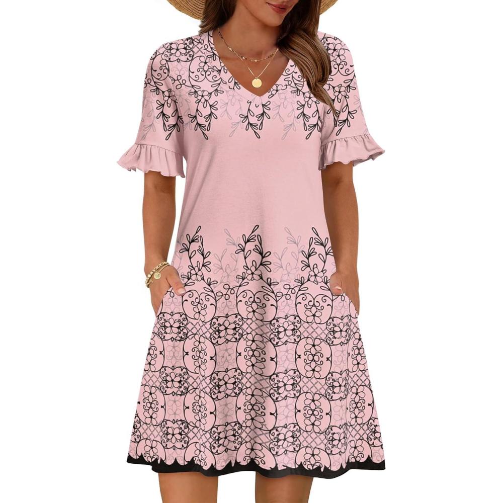 imageZeagoo Summer Casual Dresses for Women A Line Sun Dress Ruffle Short Sleeve V Neck Floral Tshirt Dress with PocketsPinkprinted