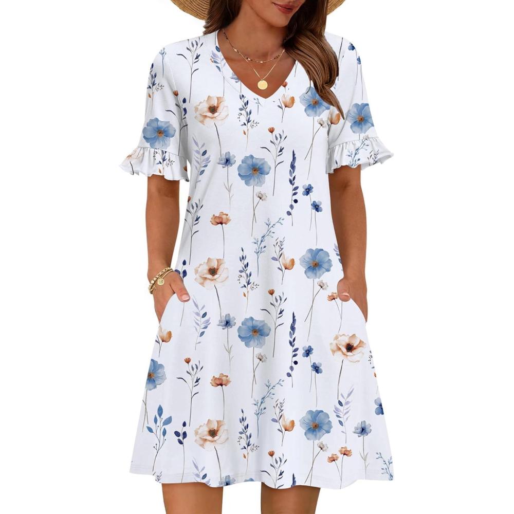 imageZeagoo Summer Casual Dresses for Women A Line Sun Dress Ruffle Short Sleeve V Neck Floral Tshirt Dress with PocketsWhite Floral
