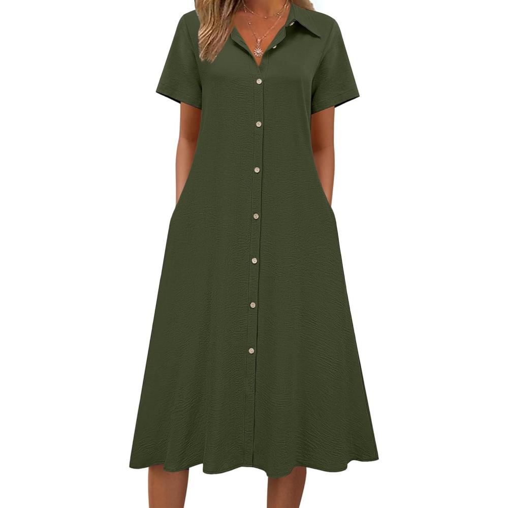 imageZeagoo Summer Dresses for Women 2026 Button Down Shirt Dresses Aline Long Sundress Short Sleeve Beach Travel Cover UpArmy Green