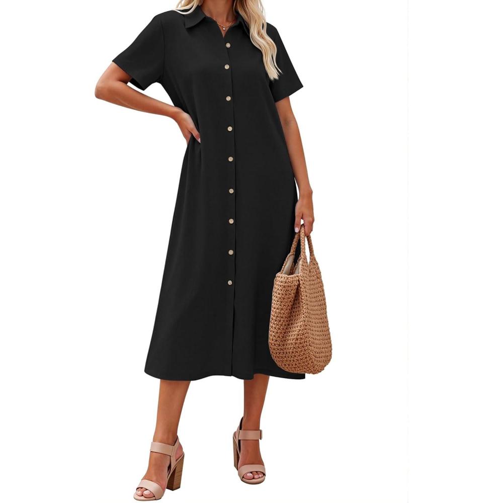 imageZeagoo Summer Dresses for Women 2026 Button Down Shirt Dresses Aline Long Sundress Short Sleeve Beach Travel Cover UpBlack