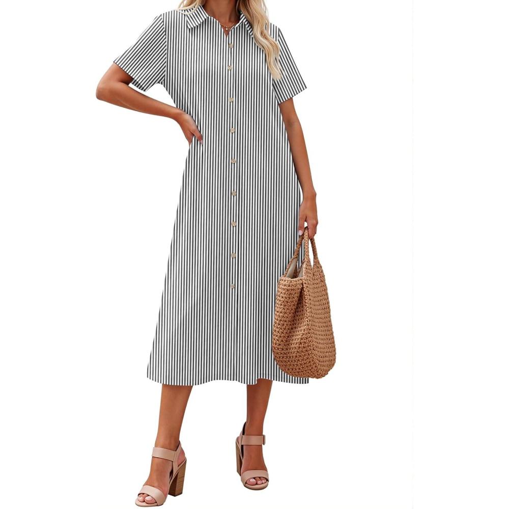 imageZeagoo Summer Dresses for Women 2026 Button Down Shirt Dresses Aline Long Sundress Short Sleeve Beach Travel Cover UpBlack Stripe