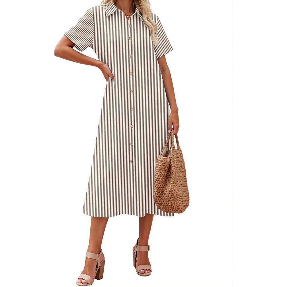 imageZeagoo Summer Dresses for Women 2026 Button Down Shirt Dresses Aline Long Sundress Short Sleeve Beach Travel Cover UpBrown Stripe