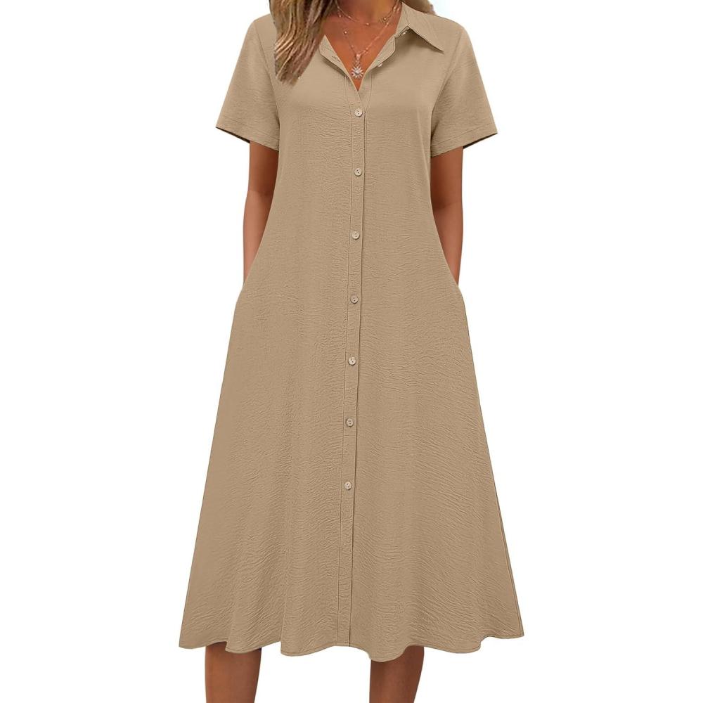 imageZeagoo Summer Dresses for Women 2026 Button Down Shirt Dresses Aline Long Sundress Short Sleeve Beach Travel Cover UpKhaki